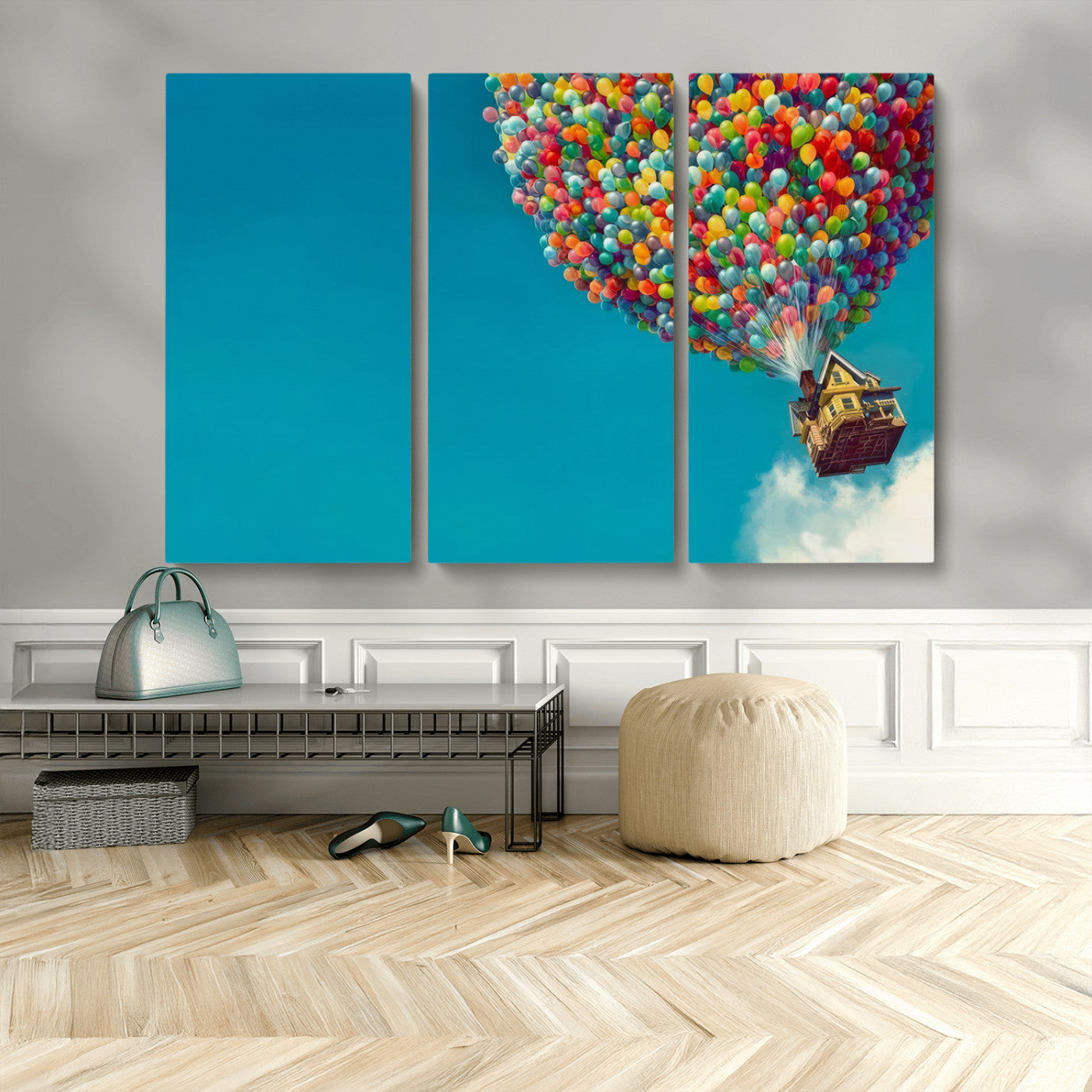 47007-MGV-CV-48X32-3P-Carl Fredricksen, Up Movie Wall Art, Colorful Balloon House Art | Whimsical Wall Decor for Living