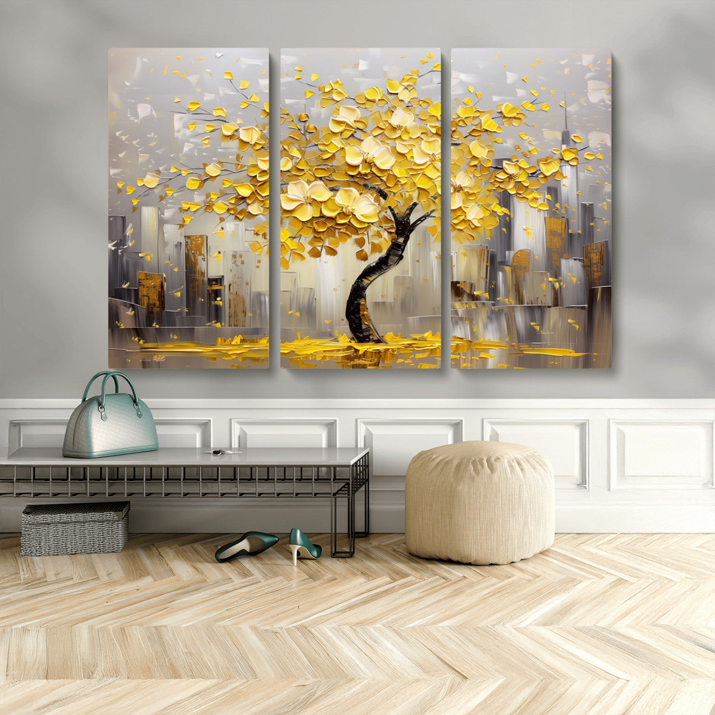 45538-MGV-CV-48X32-3P-Golden Tree Canvas Print | Abstract Wall Art for Modern Homes | Ready to Hang Framed Artwork