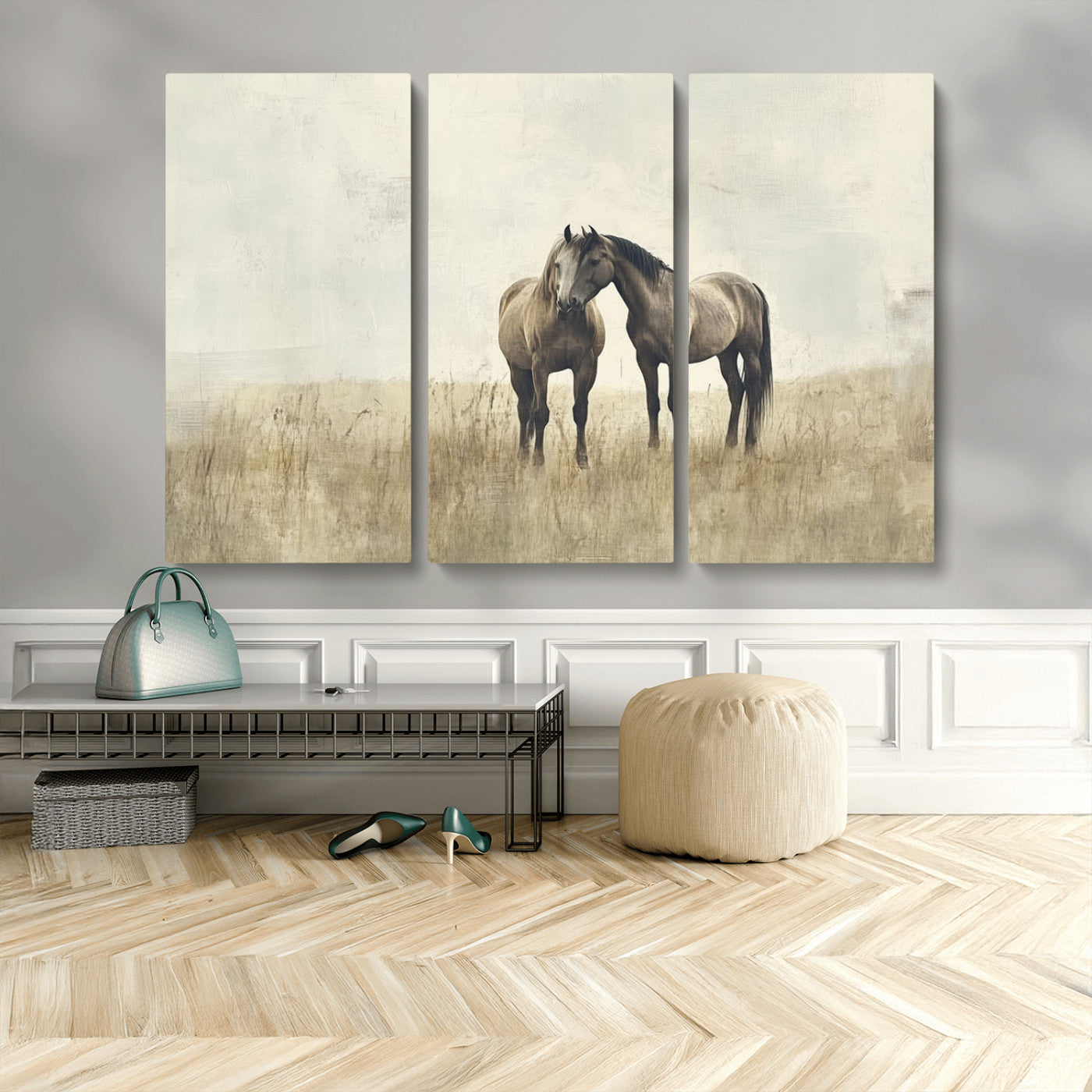 48781-MGV-CV-48X32-3P-Chines Style Grunge Horses Wall Art Canvas Print