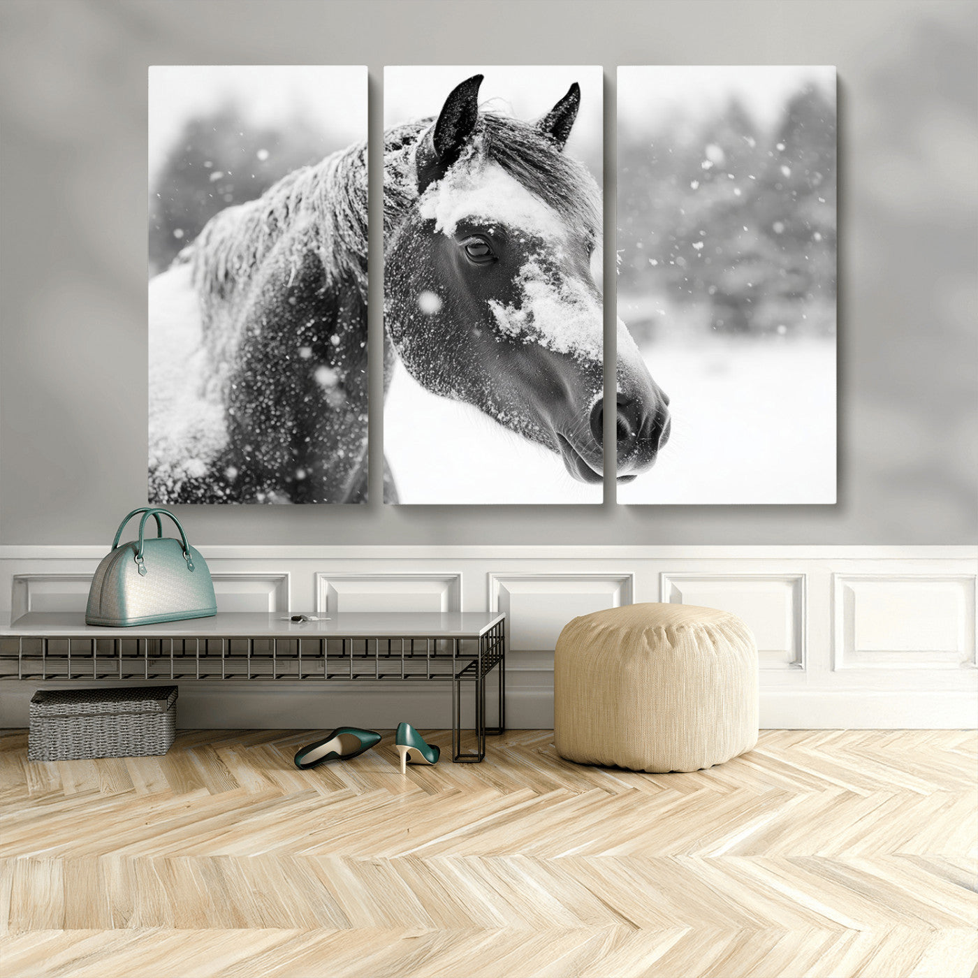 13358-MGV-CV-48X32-3P-Black Horse Winter Wall Art | Ready to Hang and Framed | Farmhouse and Western Wall Decor for Living