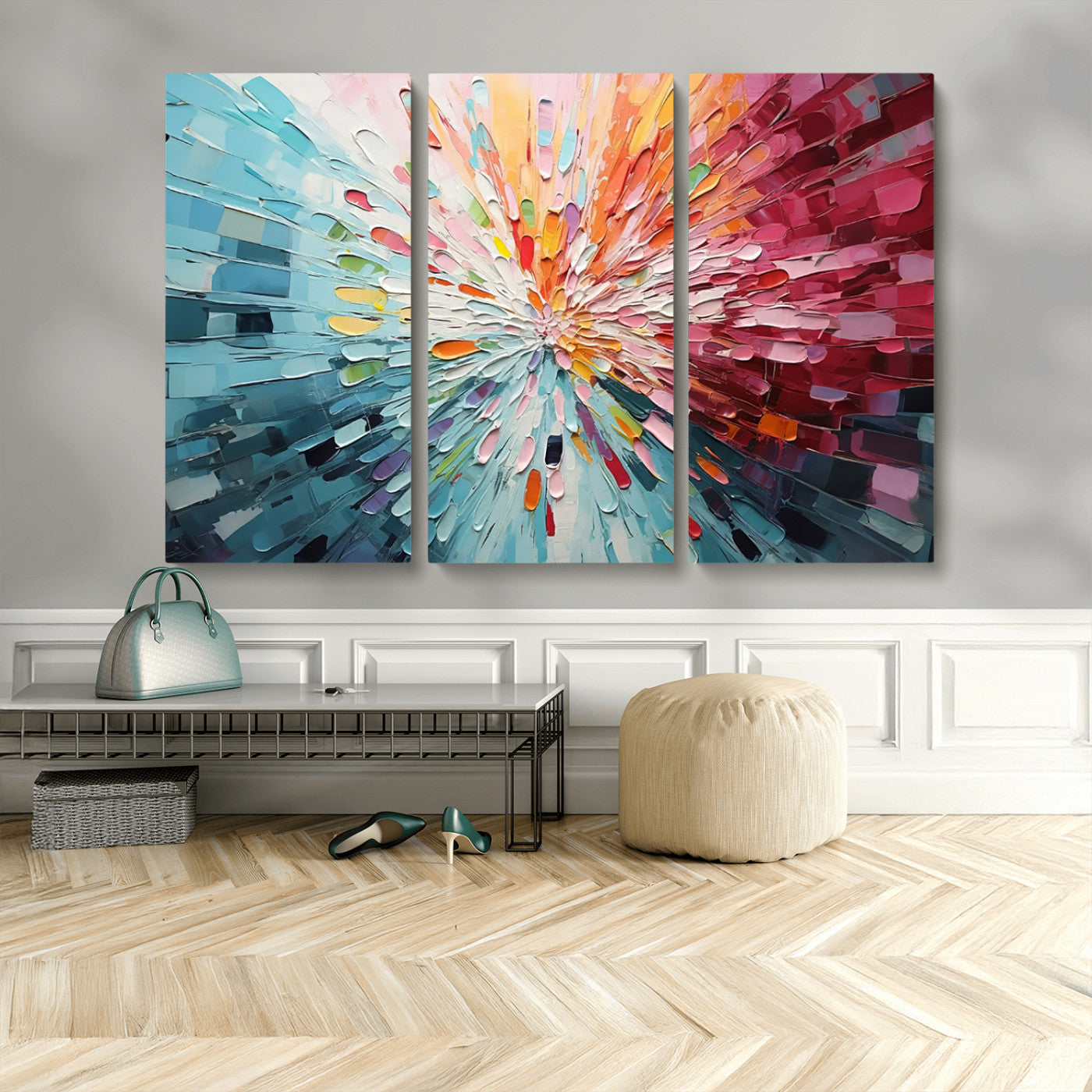 47065-MGV-CV-48X32-3P-Radiant Bloom Abstract Floral Wall Art Canvas Print - Colorful Burst - Modern Living Room Decor -