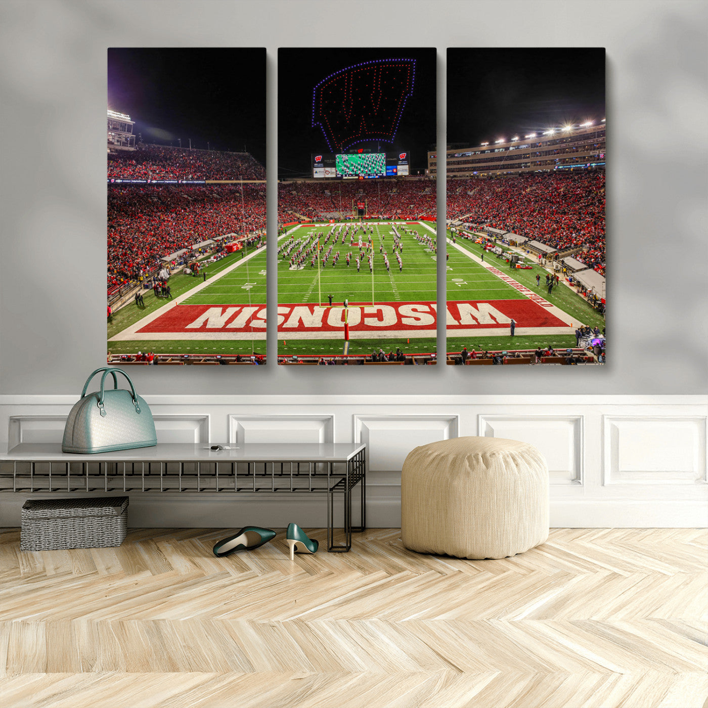34125-MGV-CV-48X32-3P-Wisconsin Badgers Football Team Print Canvas- Madison Camp Randall Stadium Wall Art Canvas Print