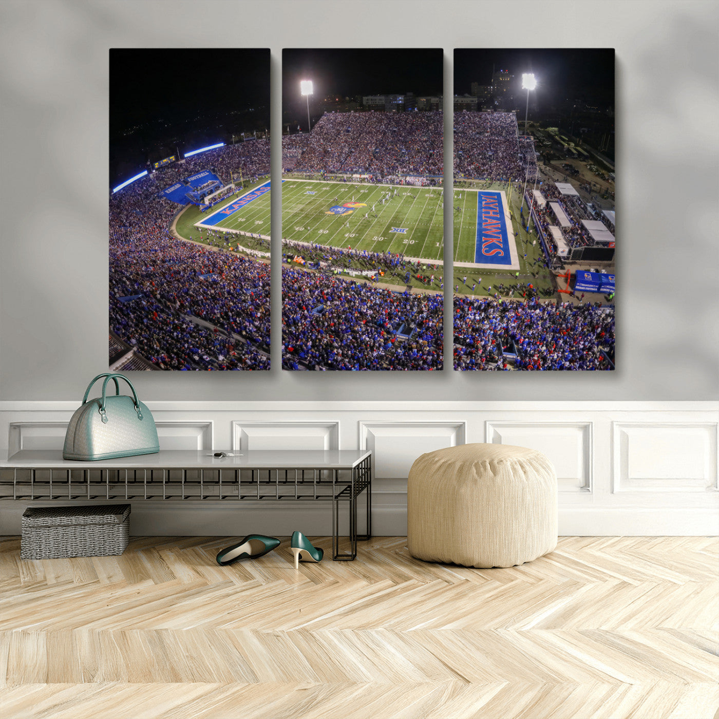 69760-MGV-CV-48X32-3P-University of Kansas Jayhawks Football Team Print - Lawrence Kansas Memorial Stadium Wall Art Canvas