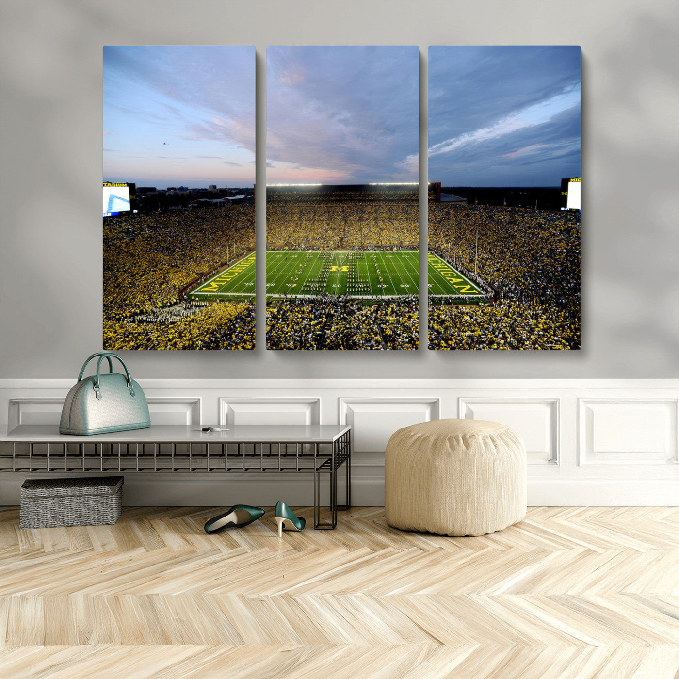 82641-MGV-CV-48X32-3P - Michigan Stadium Wall Art Canvas Print, Vibrant Game Day Crowd and Sunset Sky Football Field Artwork for Home, Office