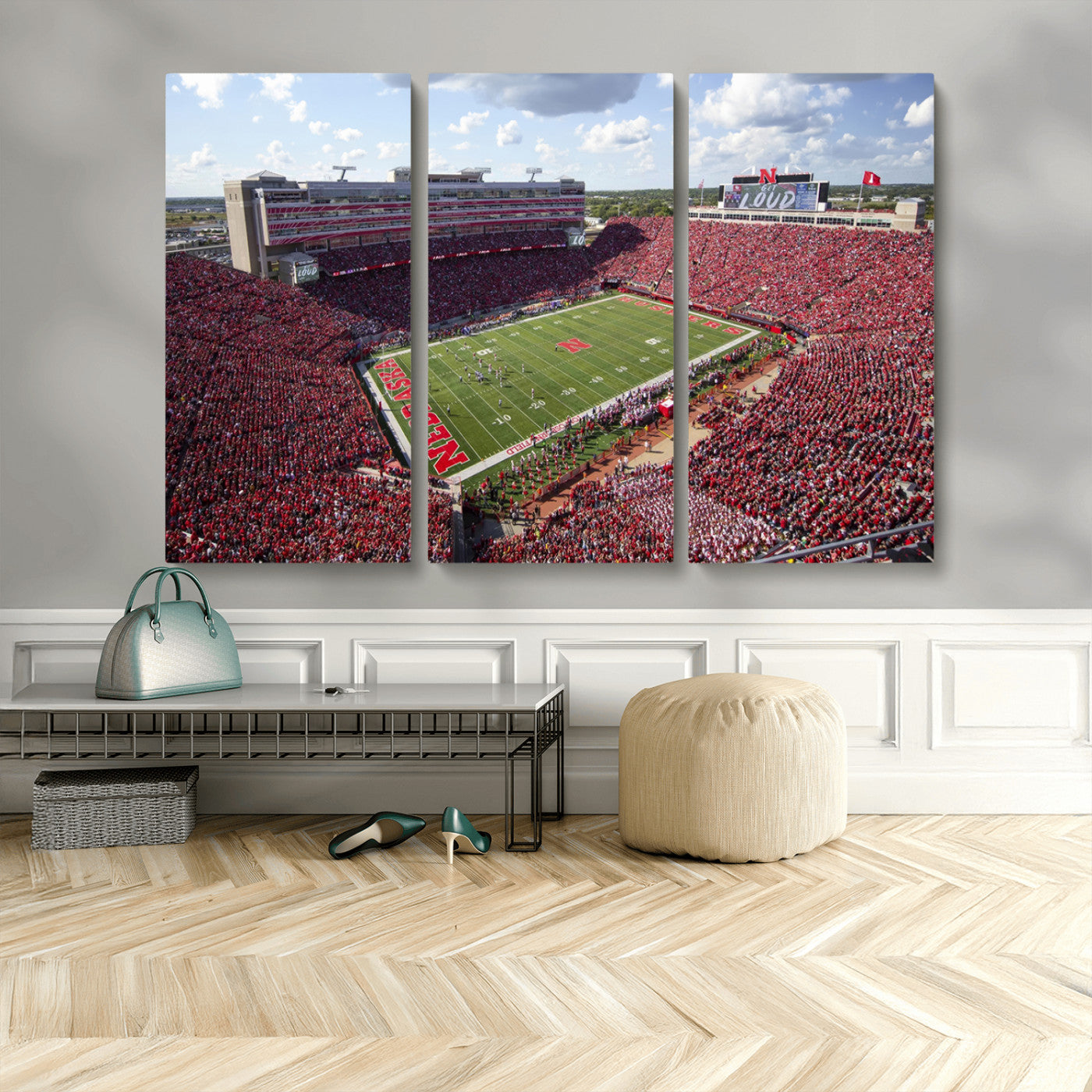84975-MGV-CV-48X32-3P-University of Nebraska Cornhuskers Football Team Print - Lincoln Memorial Stadium Wall Art Canvas