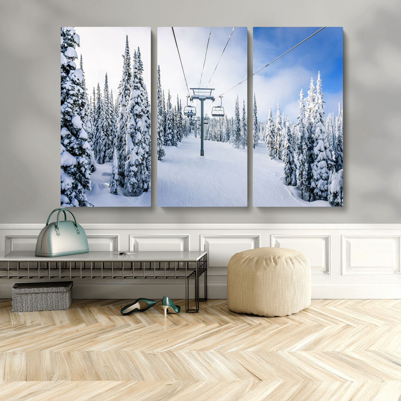 21569-MGV-CV-48X32-3P-Winter Ski Lift Wall Art Print - Landscape Wall Art | Snowy Mountain Adventure | Perfect for Cabin