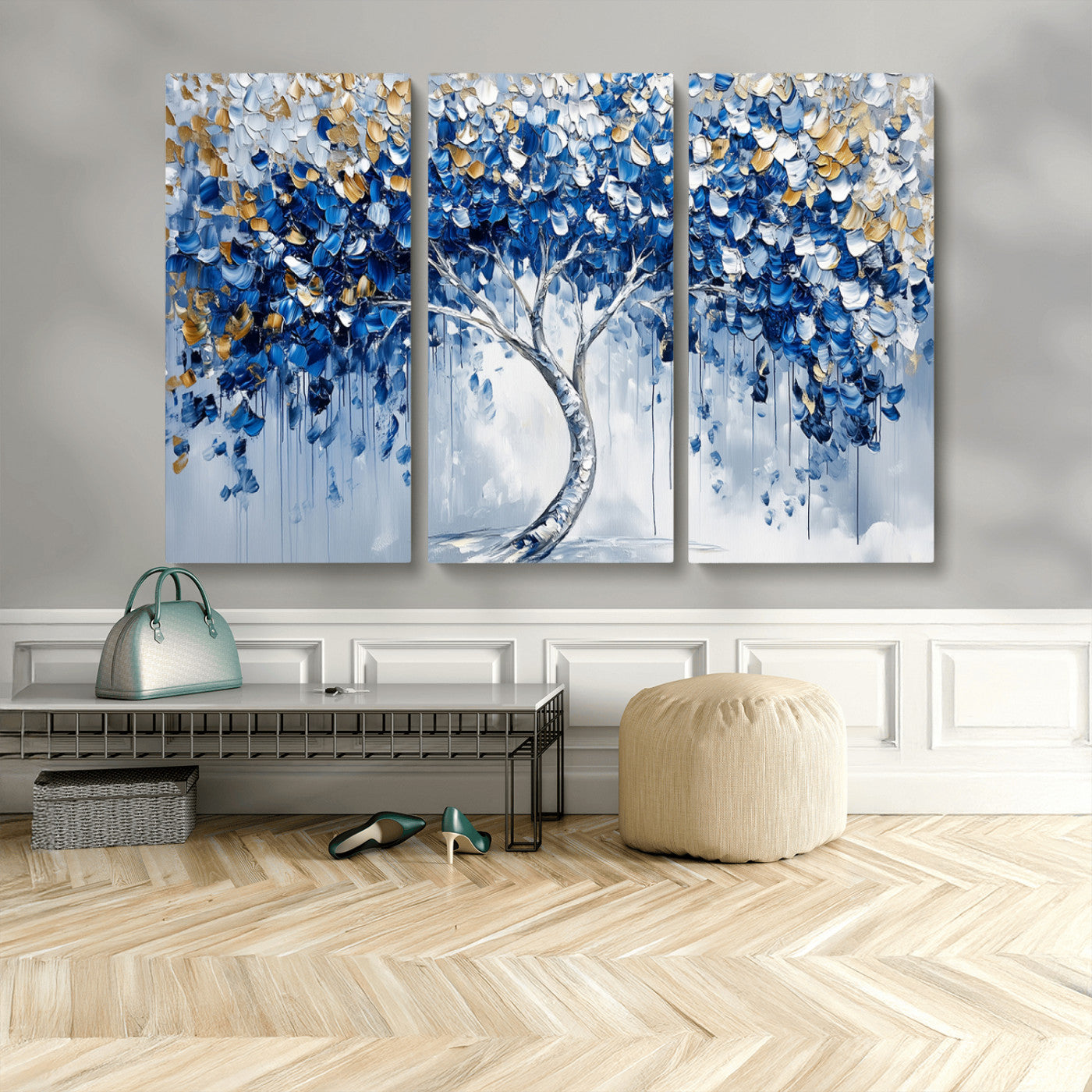 62350-MGV-CV-48X32-3P-Blue and Gold Abstract Tree Wall Art Canvas Print | Modern Tree of Life Painting | Framed Canvas