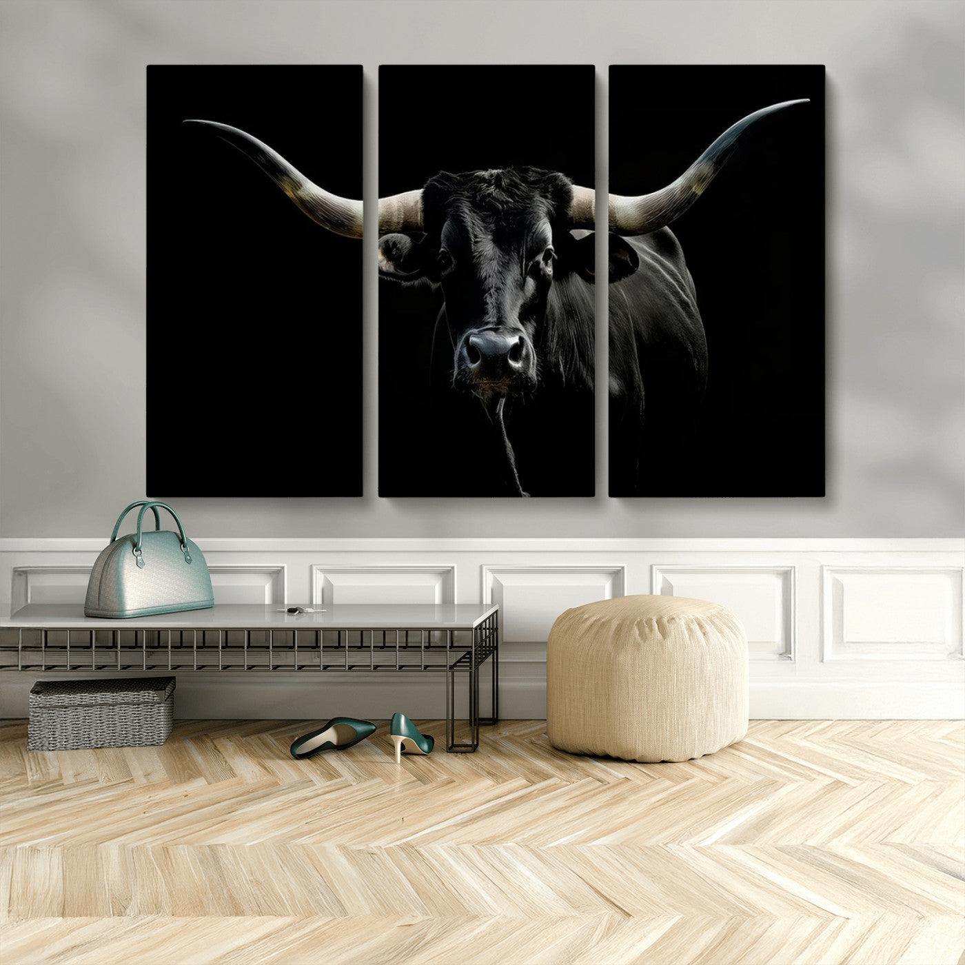 20679-MGV-CV-48X32-3P-Texas Black Longhorn Bull Wall Art Canvas Print - Western Texas Cattle Rustic Decor Print - Longhorn