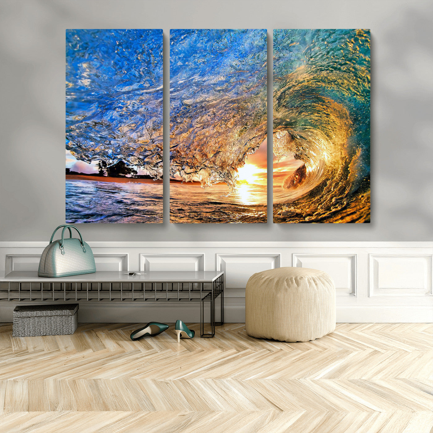 84627-MGV-CV-48X32-3P-Ocean Wave at Sunset Canvas Wall Art – Vibrant Coastal Beach Waves Print, Large Nautical Decor,