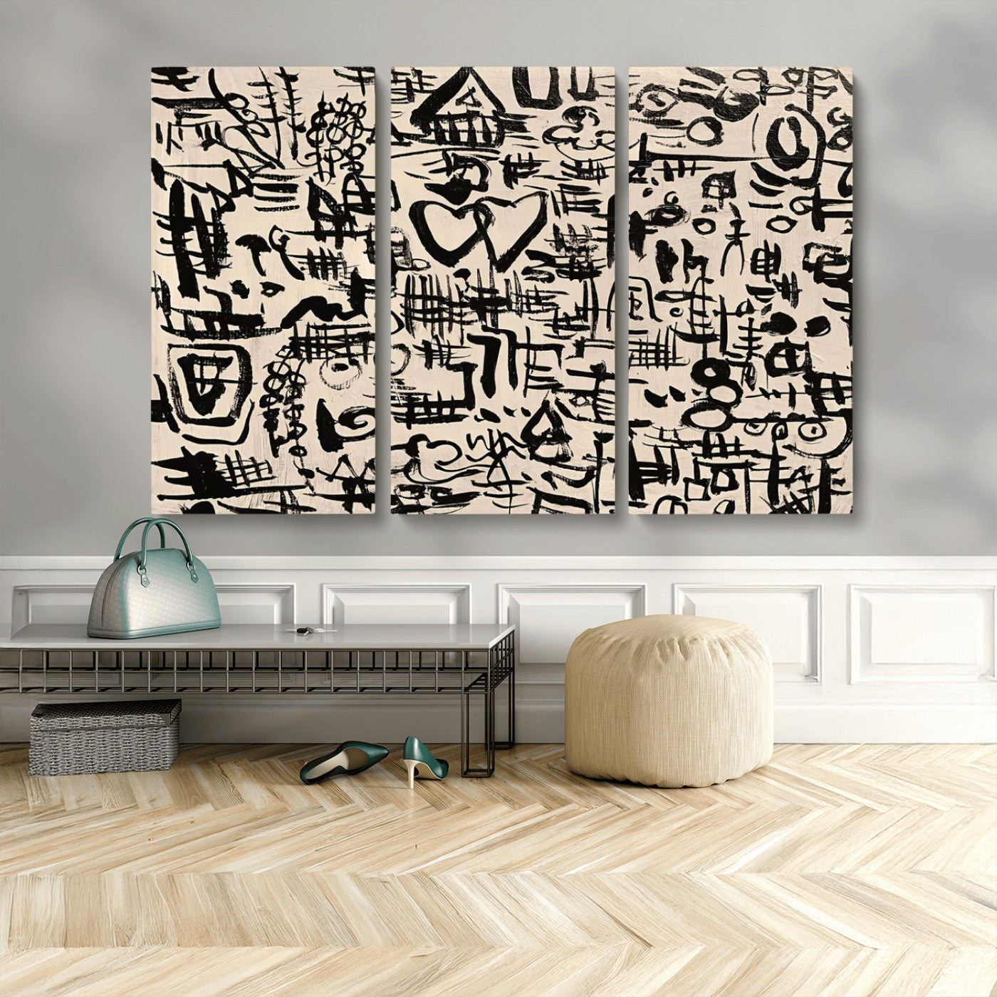 68273-MGV-CV-48X32-3P - Abstract Love and Chaos Canvas Print, Black Symbols on Beige