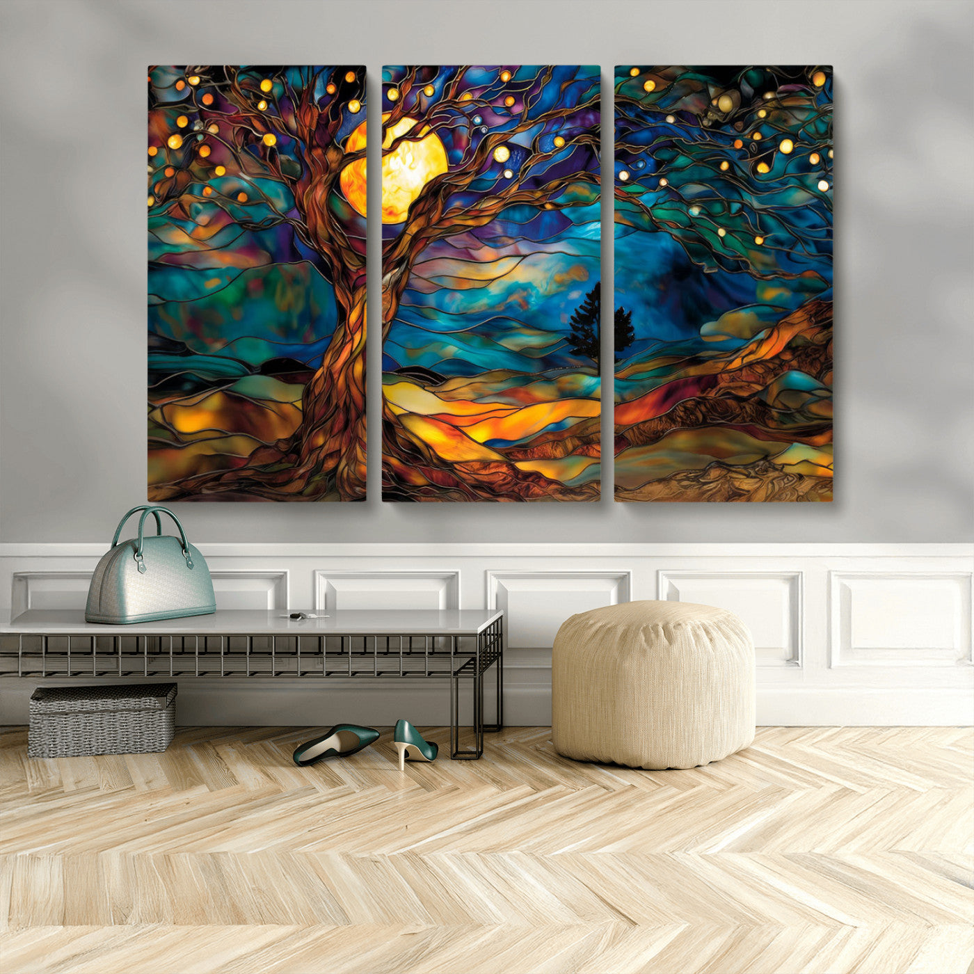 18319-MGV-CV-48X32-3P-Tree of Life Wall Art - Yggdrasil Tree of Life Canvas Print - Vibrant Moonlit Tree Wall Art, Tree