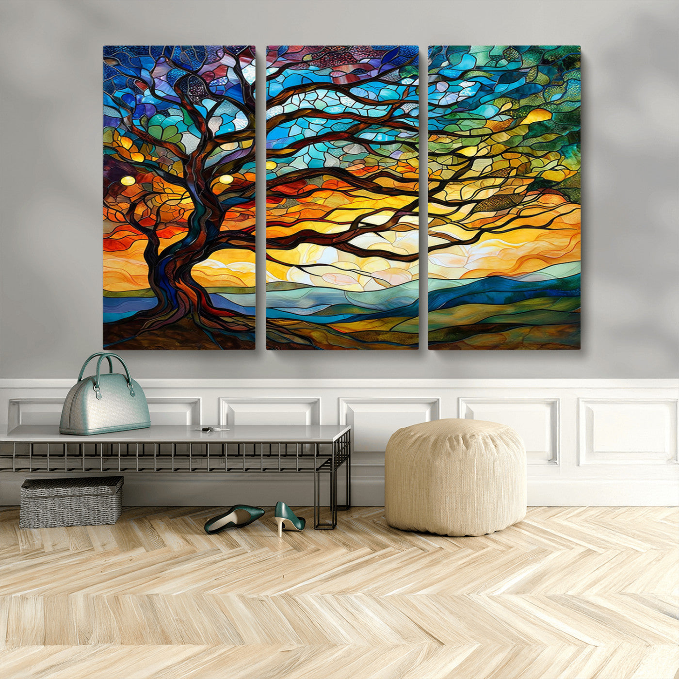 64765-MGV-CV-48X32-3P-Mosaic Tree Wall Art | Ready to Hang Stained Glass Style Canvas Print | Farmhouse Wall Decor, Cabin