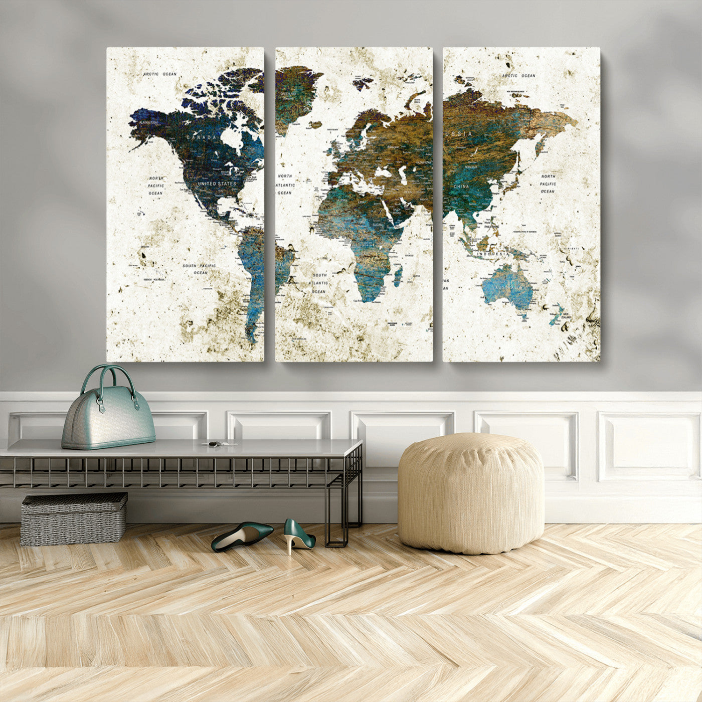 89176-MGV-CV-48X32-3P-Vintage Blue and Brown World Map Canvas Wall Art – Framed Rustic Map Print, Earth Tone Travel Decor for Stylish Home and Office Walls