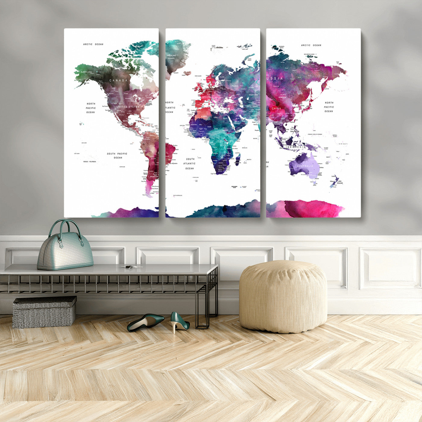 78176-MGV-CV-36X24-Colorful Watercolor World Map Canvas Wall Art – Framed Modern Map Print, Vibrant Travel Inspired Artwork for Home and Office Decor