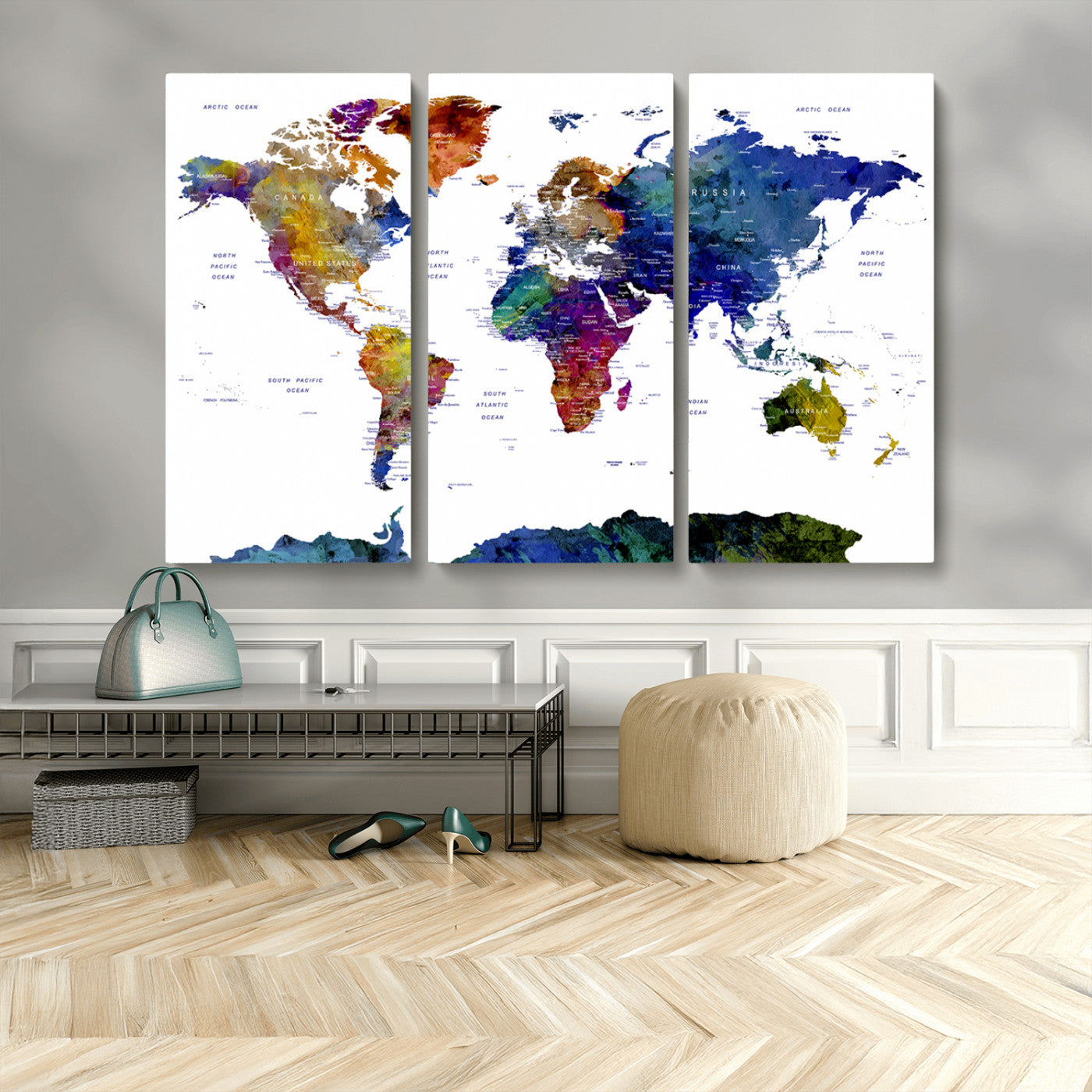 90446-MGV-CV-48X32-3P-Colorful Watercolor World Map Canvas Wall Art – Framed Modern Push Pin Travel Map for Home and Office Decor