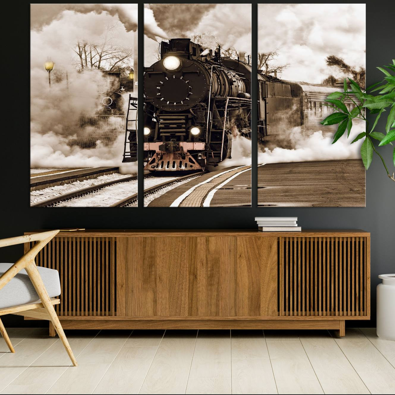 31136-MGV-CV-36X24-Black Steam Train Canvas Wall Art Print Steam Locomotive Art Canvas