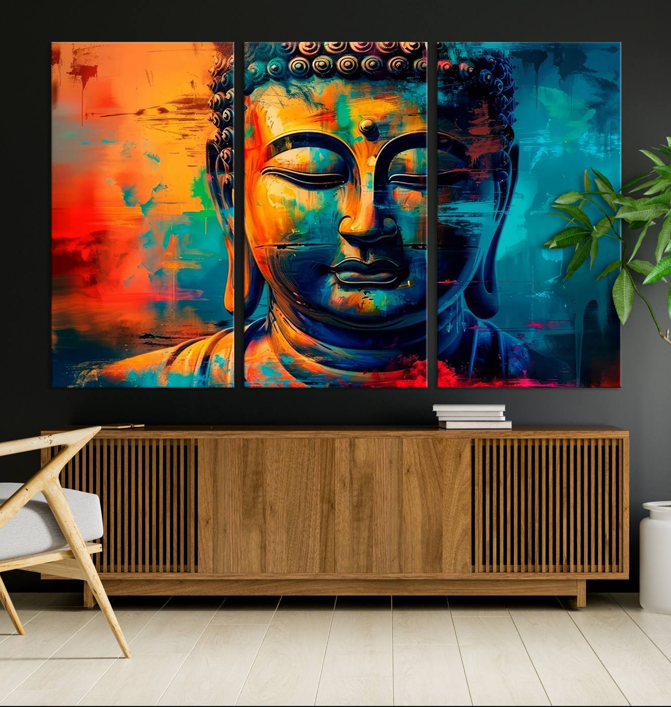 48759-MGV-CV-48X32-3P-Colorful Buddha Wall Art – Framed Abstract Portrait Canvas Artwork, Vibrant Spiritual Design, Modern Zen Decor for Home, Office