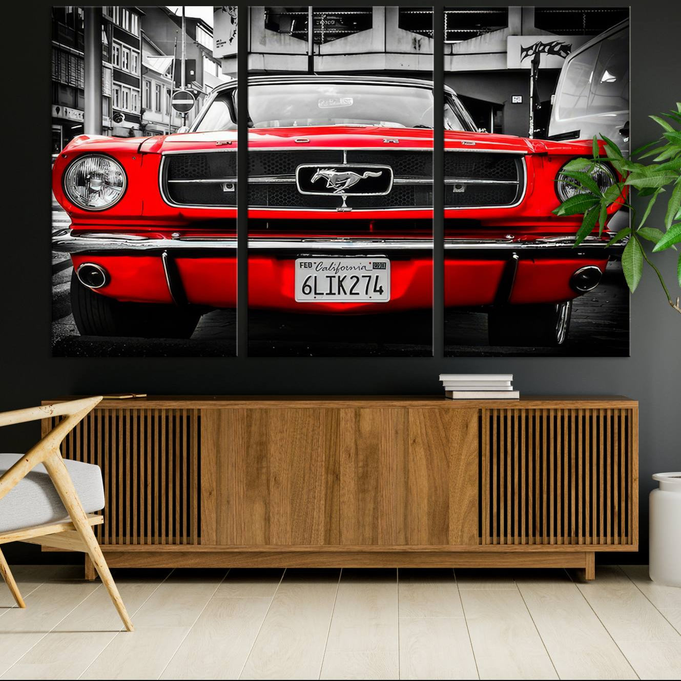 20365-MGV-CV-48X32-3P-Red Mustang Car Wall Art – Framed Classic Vehicle Canvas Artwork, Black White Urban Design, Decor for Home, Office