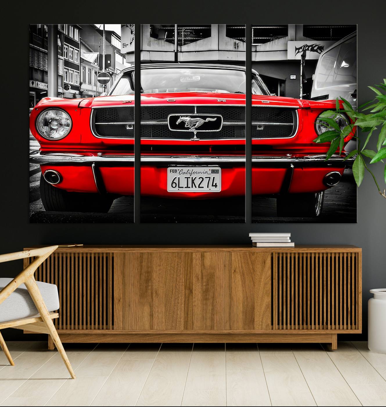 20365-MGV-CV-48X32-3P-Red Mustang Car Wall Art – Framed Classic Vehicle Canvas Artwork, Black White Urban Design, Decor for Home, Office