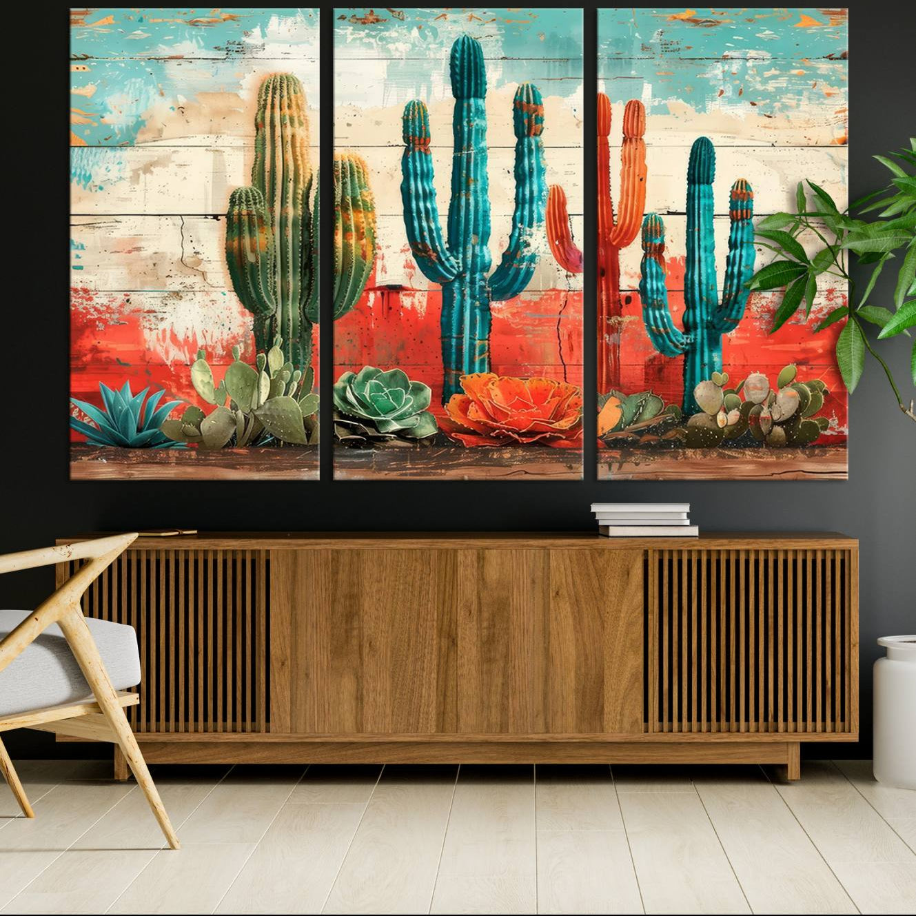 A vivid southwestern-style artwork featuring an eclectic mix of cacti and succulents painted against a textured, rustic wood backdrop in rich turquoise, red, and orange hues.