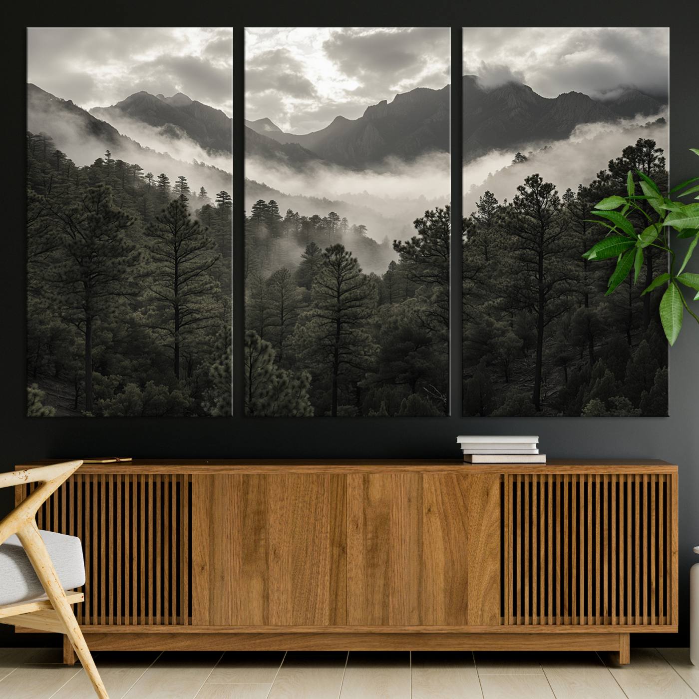 Canvas of moody pine forest and foggy mountain peaks under overcast skies, ideal for calm and rustic woodland-themed home decor.