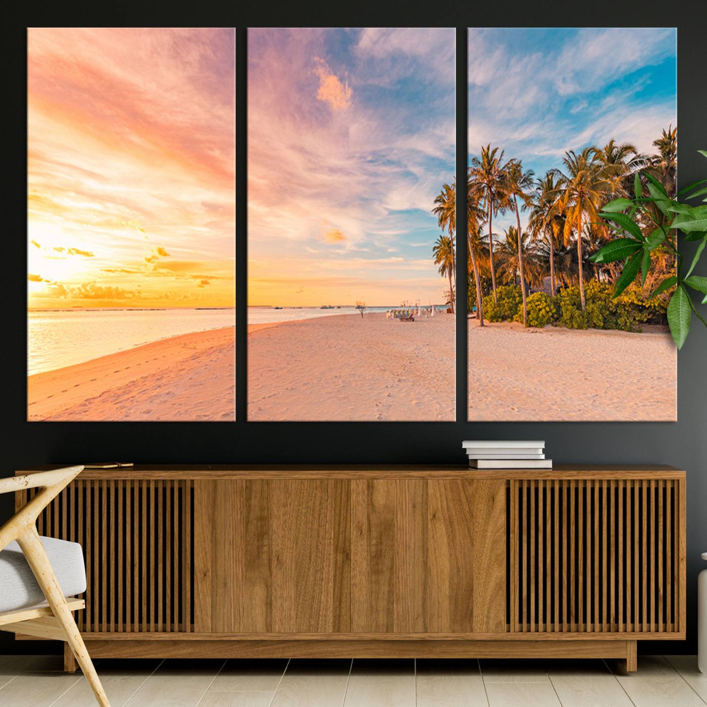 Tropical beach canvas with palm trees and soft sunset tones, ideal for coastal or beach-style home décor in warm pastel hues.