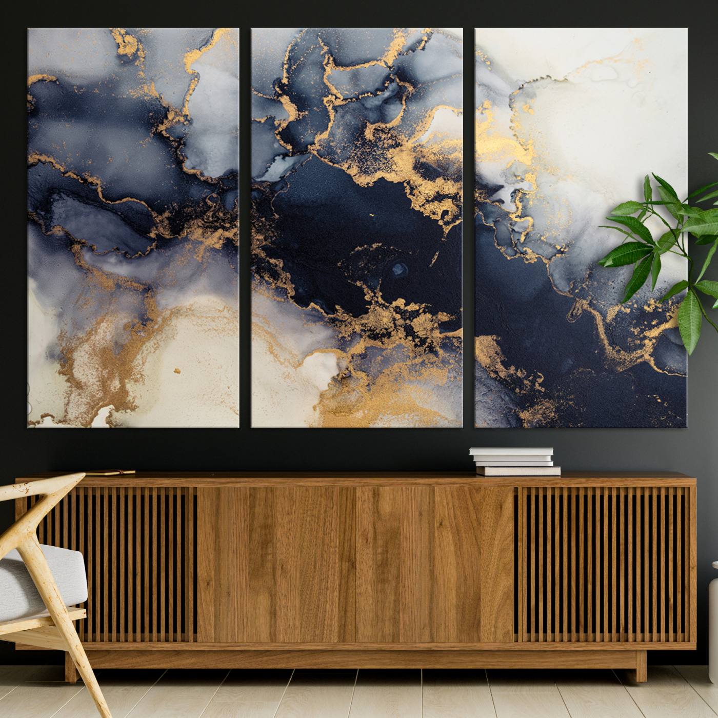 41136487-MGV-CV-48X32-3P-Black Marble Wall Art Canvas Print – Framed Abstract Gold Veins Elegant Luxury Design Decor for Home, Office