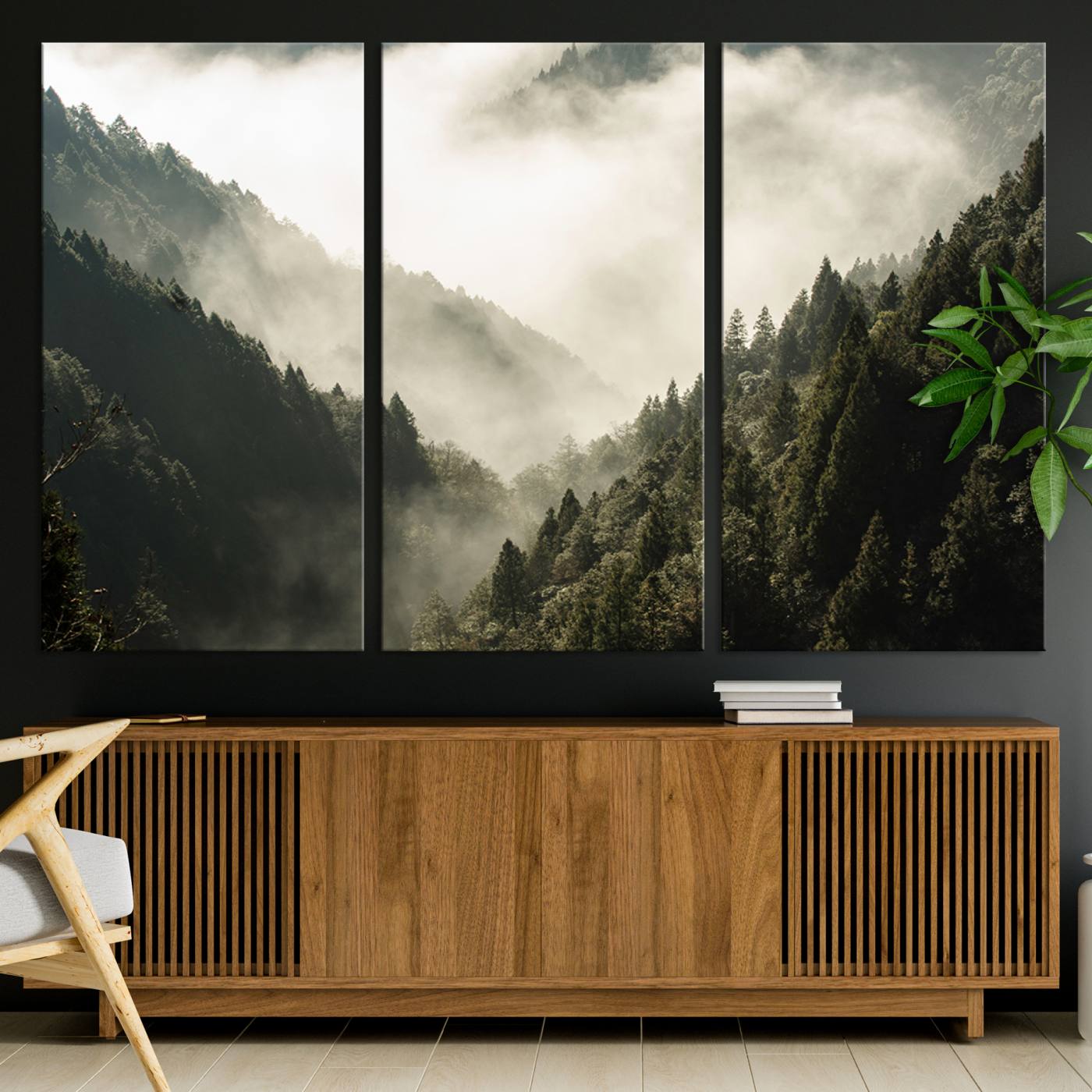 Canvas showing a misty pine forest valley with layered green hills and soft fog, perfect for moody or nature-themed decor styles.
