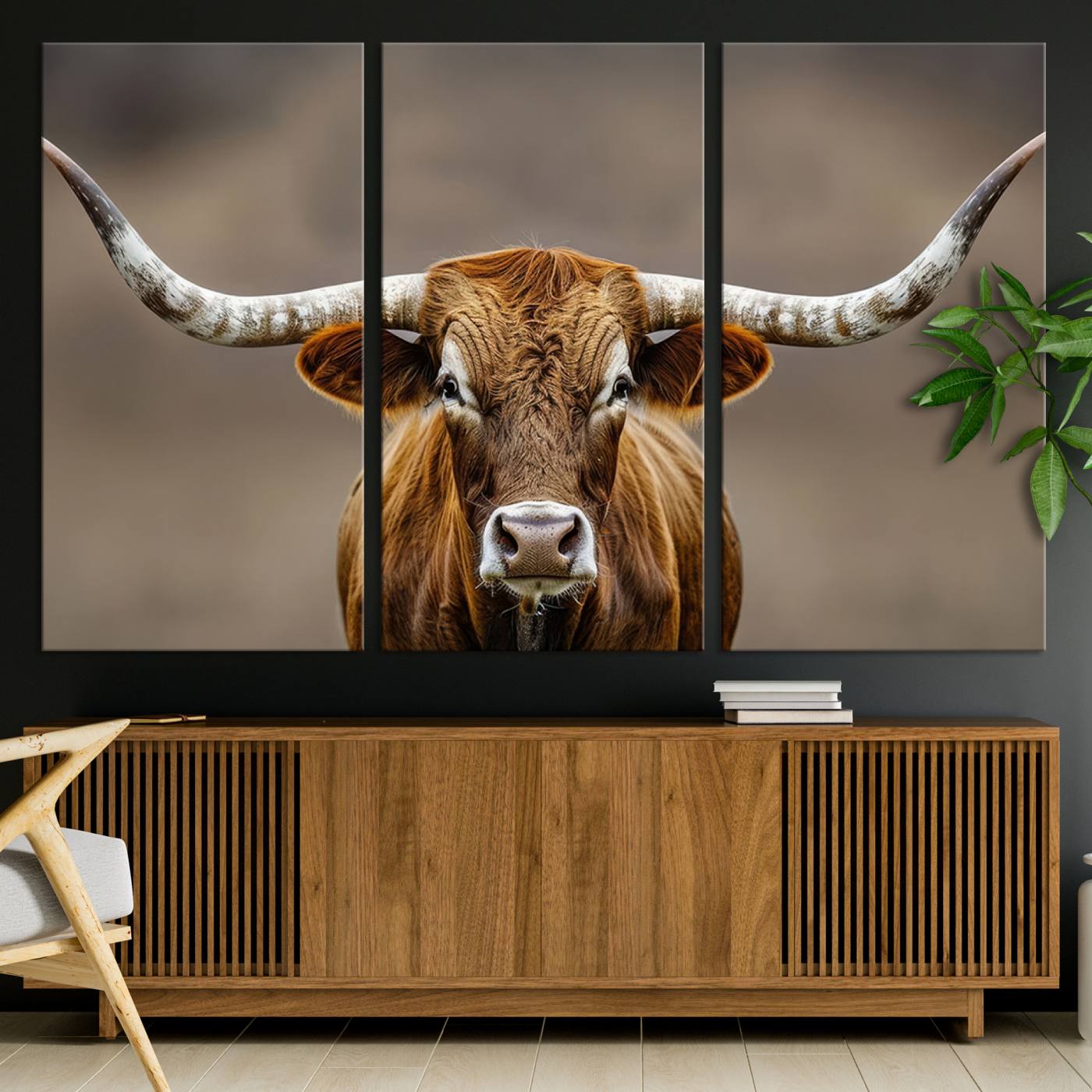-Texas Longhorn Wall Art Canvas Print, Framed Brown Bull Art Picture Print, Lone Cattle Perfect