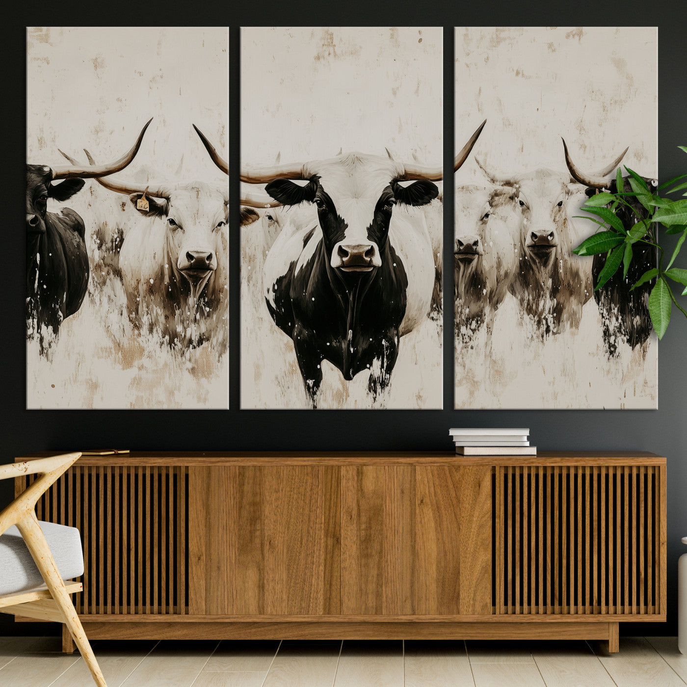 12027562-MGV-CV-36X24-Longhorn Cattle Wall Art Canvas Print – Framed Bison Herd Western Ranch Countryside Animal Landscape Artwork for Home Office