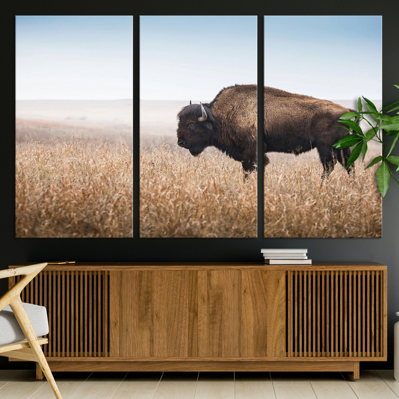 A solitary American bison stands in a dry grassland under soft skies, ideal for rustic or western-style home decor in warm neutral tones.