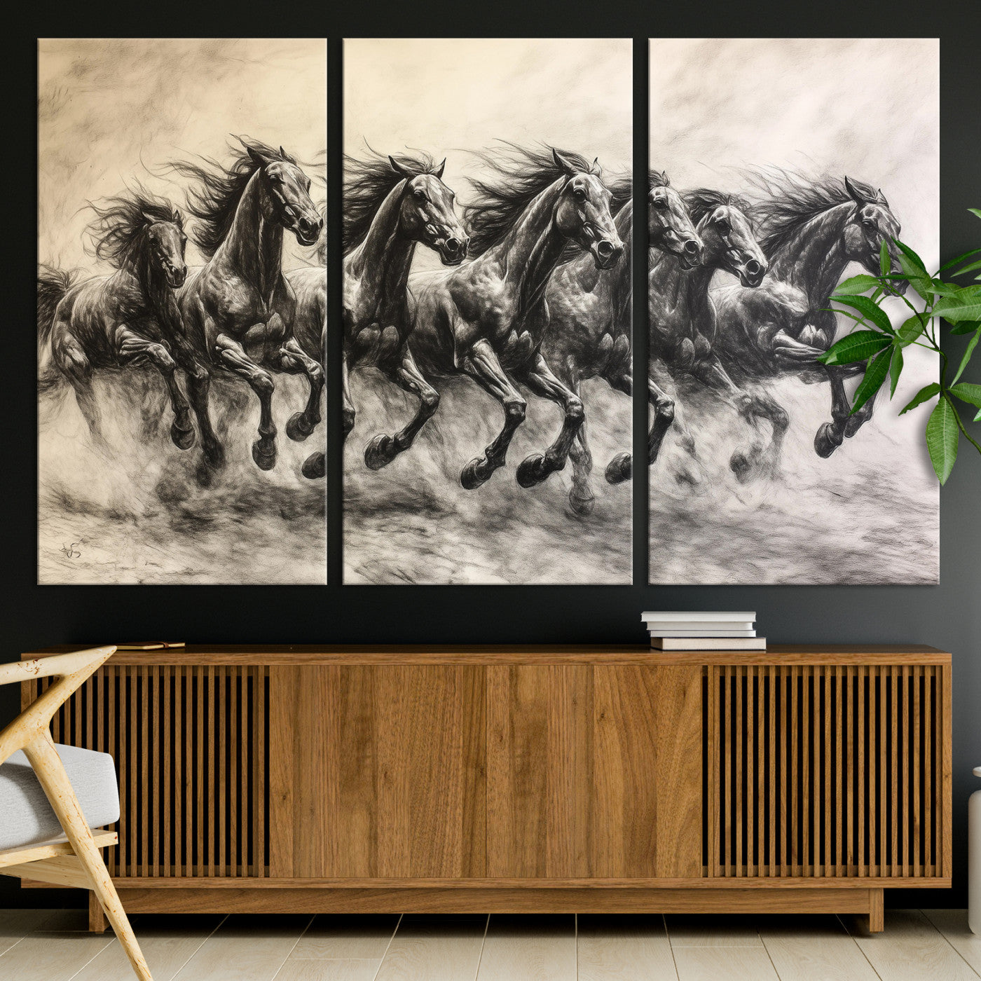56089591-MGV-CV-36X24-Galloping Horses Wall Art Canvas Print – Framed Wild Stallions Herd Sketch Dynamic Equestrian Artwork for Home Office