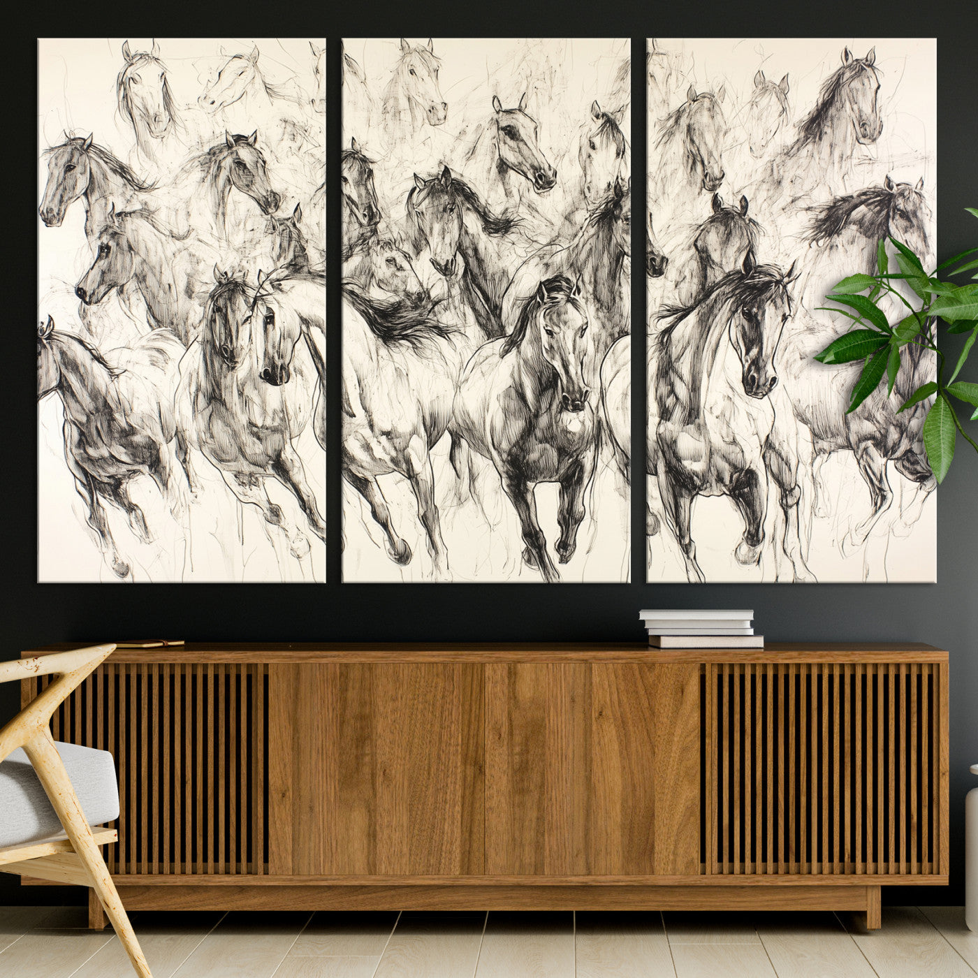 19433417-MGV-CV-36X24-Running Horses Wall Art Canvas Print – Framed Galloping Herd Dynamic Equestrian Sketch Nature Artwork for Home Office