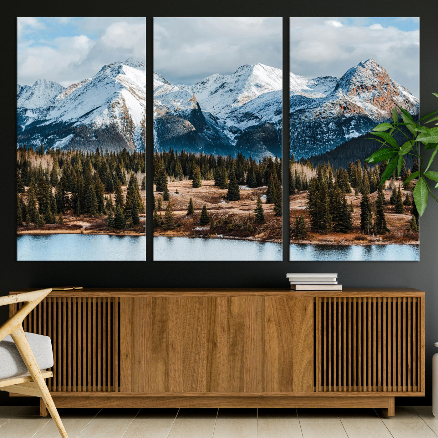 -Snowy Peaks Wall Art Canvas Print, Framed Alpine Lake Art Picture Print, Pine Forest Perfect Alpine