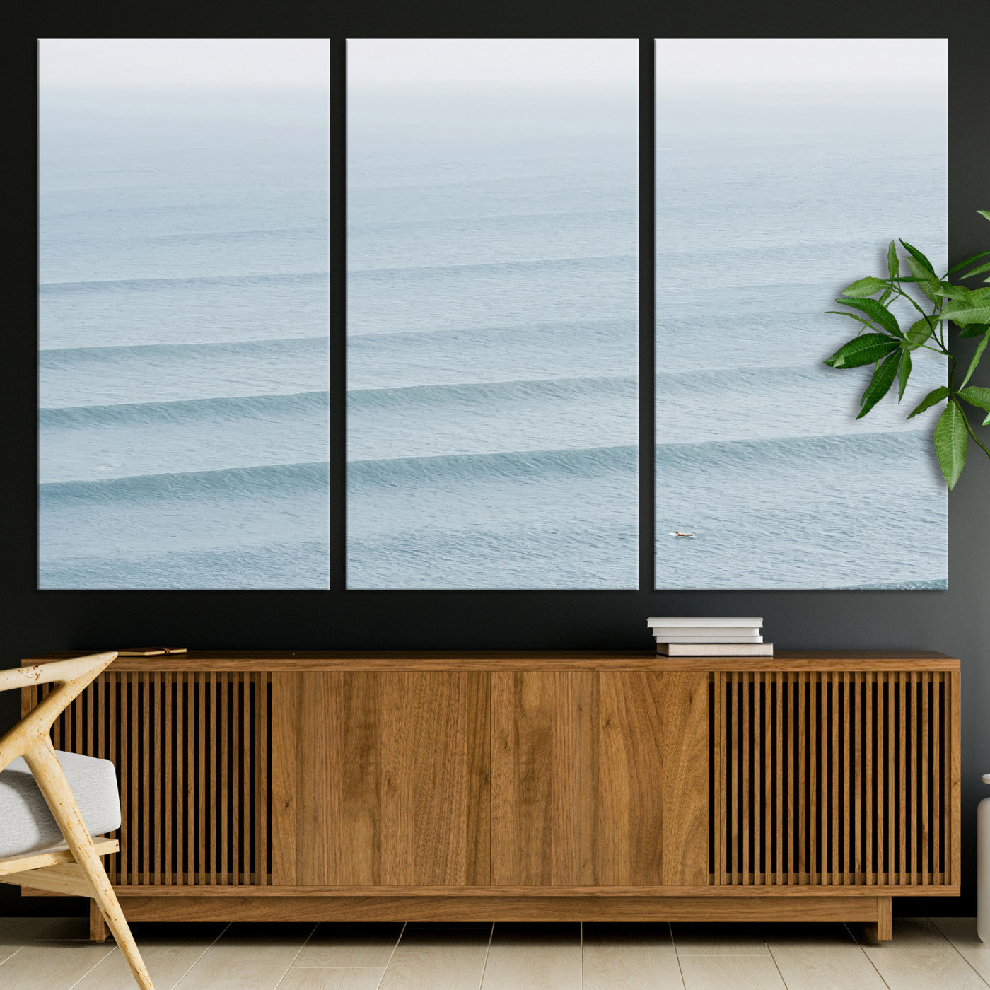 -Ocean Waves Wall Art Canvas Print, Framed Solo Surfer Art Picture Print, Wave Lines Perfect