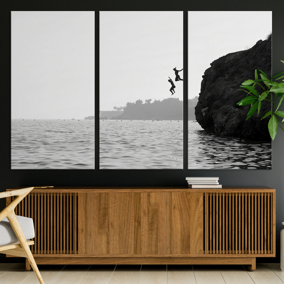 Jumping Wall Art Canvas Print, Framed Coastal Ocean Cliff Diving Scene