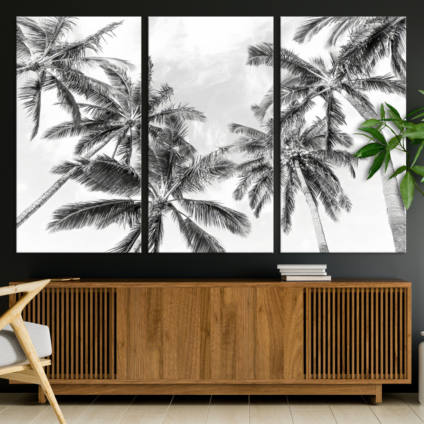 62113786-MGV-CV-36X24-Black and White Palm Wall Art Canvas Print – Framed Monochrome Tropical Beach Scene Artwork for Modern Home, Office Decor