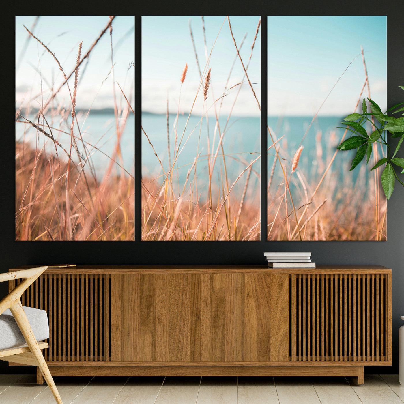 36108696-MGV-CV-36X24-Coastal Grass Landscape Wall Art Canvas Print – Golden Shoreline Nature Scene Serene Ocean View Artwork for Home Office