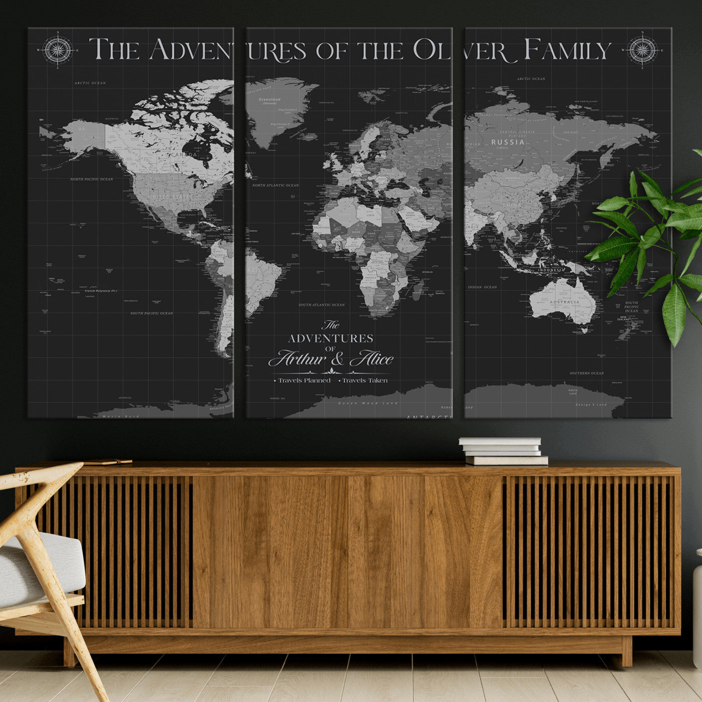 -Personalized Family World Map Canvas – Custom Framed Push Pin Travel Tracker, Modern Adventure Wall Art for Home, Office