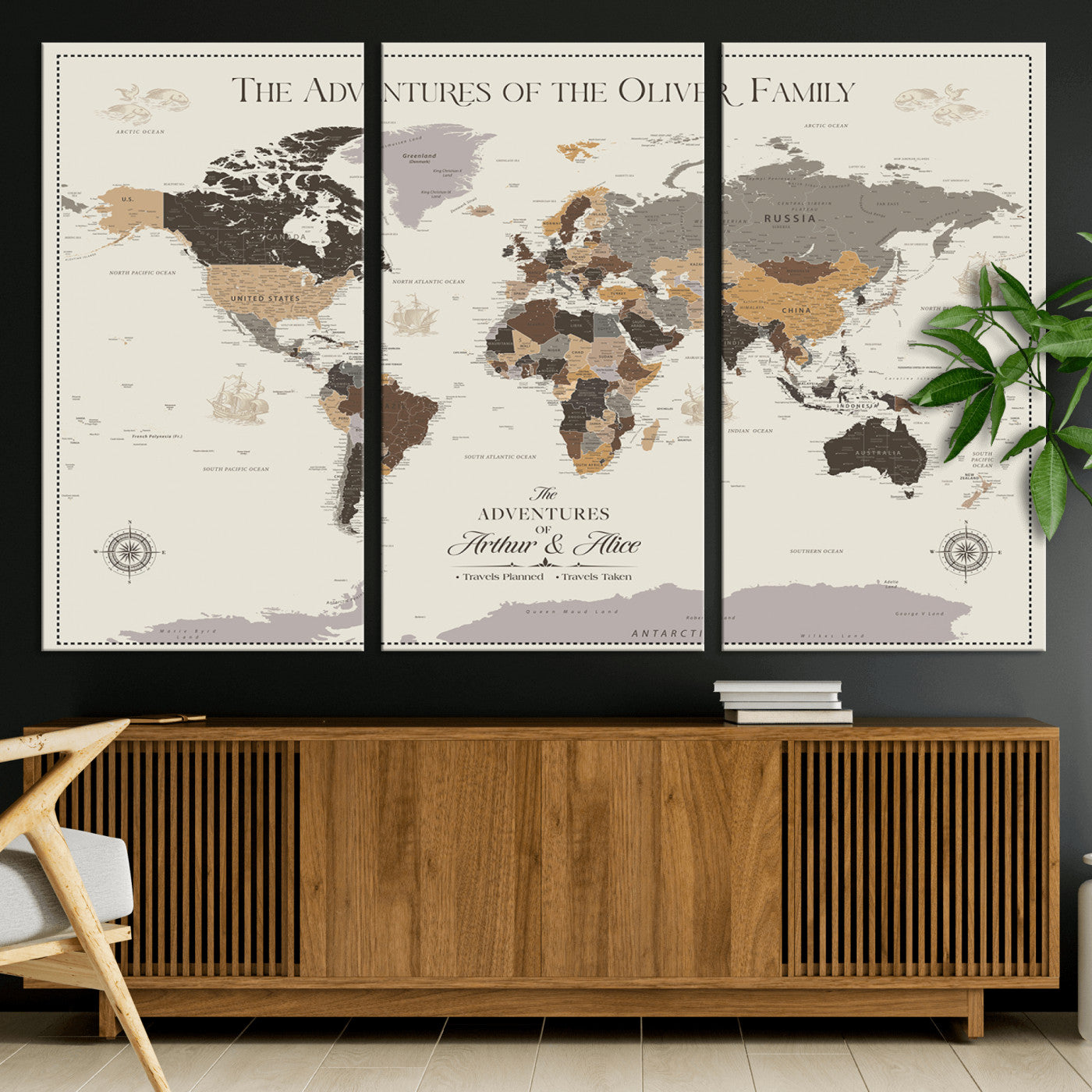 -Personalized Family Adventure World Map Canvas – Custom Framed Push Pin Travel Tracker, Wall Art Gift for Home, Office