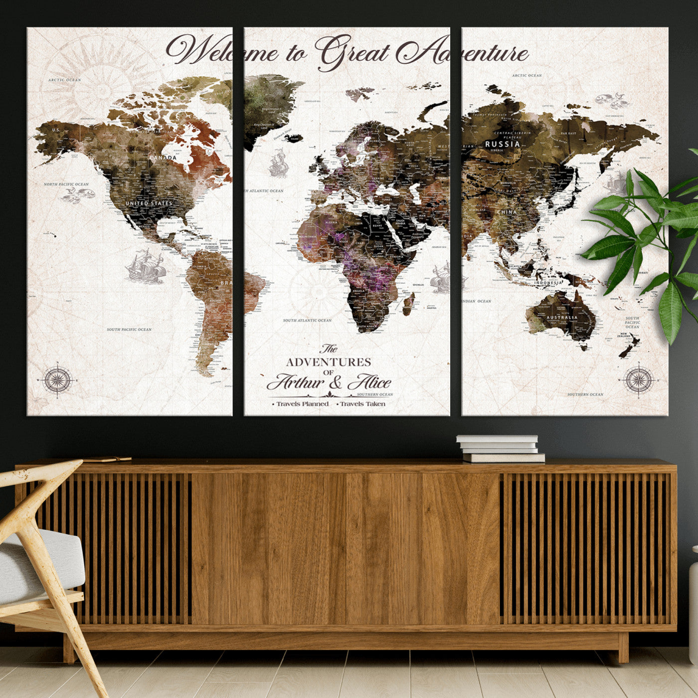 -Personalized World Map Canvas Custom Framed Push Pin Travel Tracker Vintage Adventure Wall Art Gift Couples Travelers Home, Office