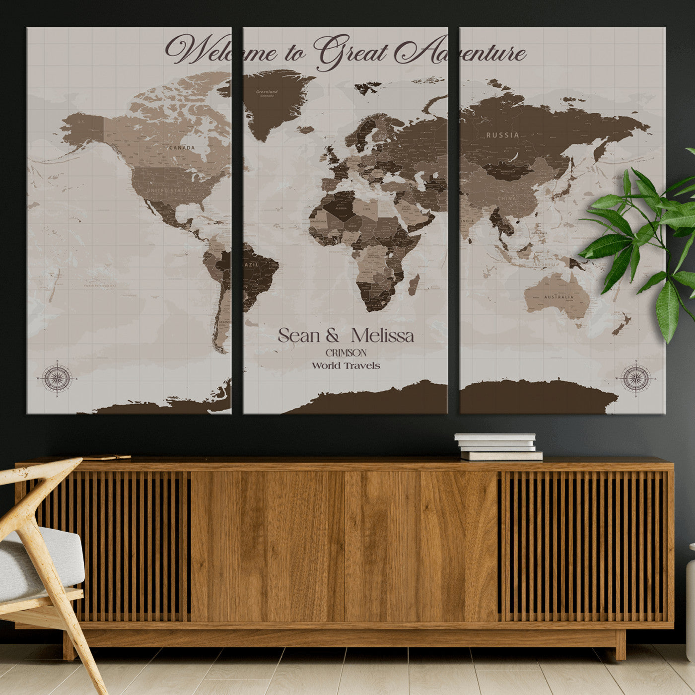 -Personalized World Map Canvas Custom Framed Push Pin Travel Tracker Modern Minimalist Wall Art Gift Couples for Home, Office