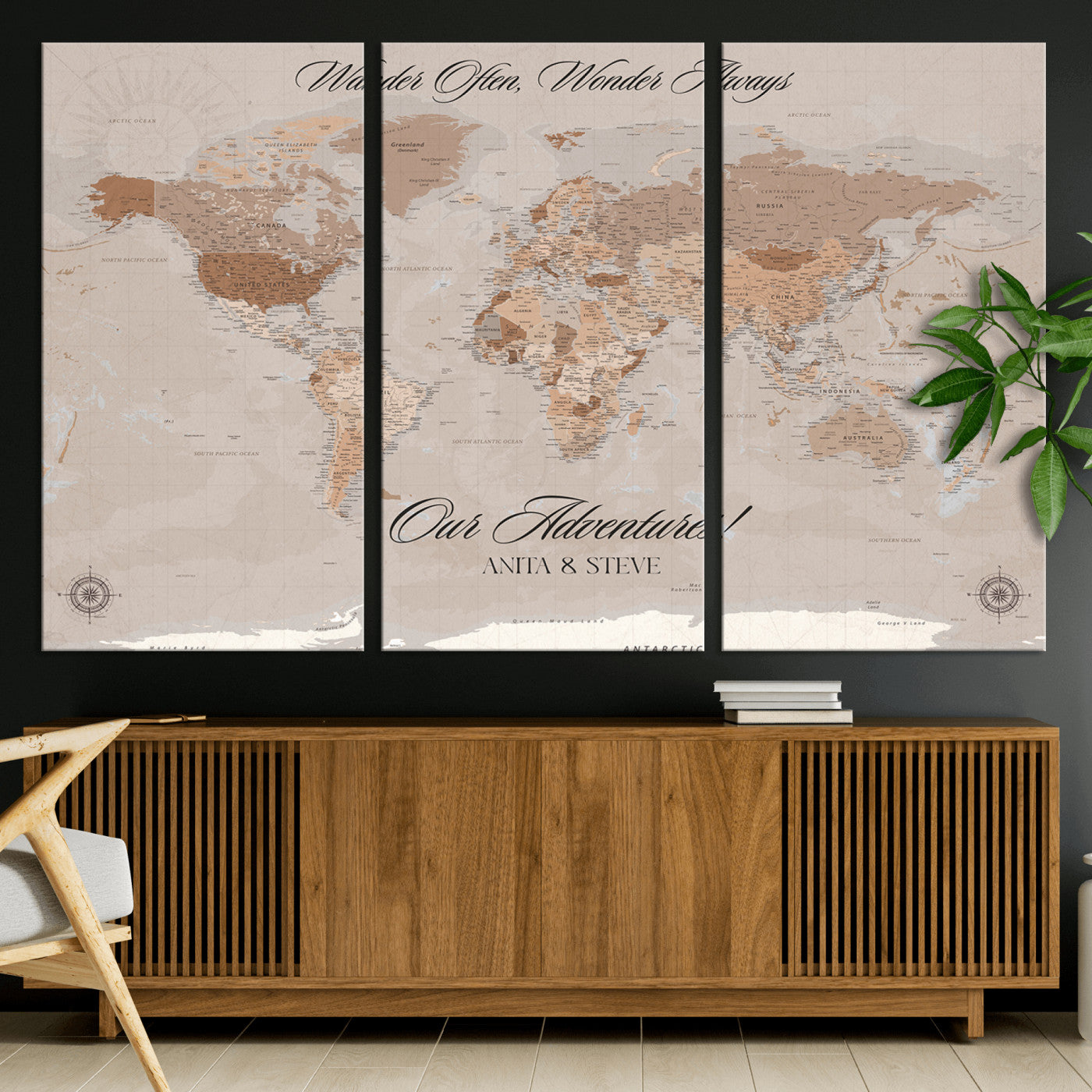 -Personalized World Map Canvas Custom Framed Push Pin Travel Tracker Elegant Neutral Wall Art Gift Couples Travelers for Home, Office