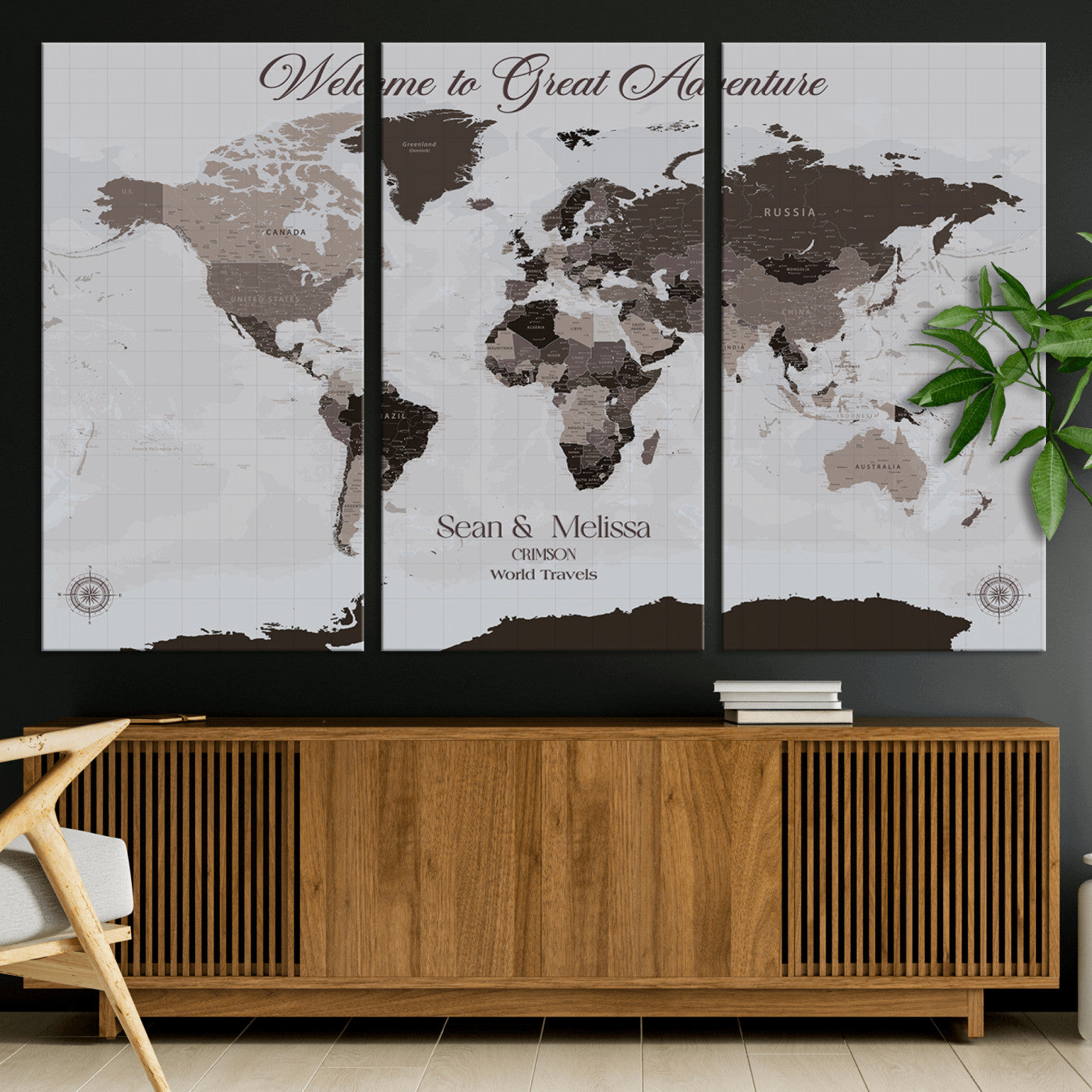 -Personalized Gray Brown World Map Canvas Custom Framed Push Pin Travel Tracker Modern Neutral Wall Art Gift Couples for Home, Office
