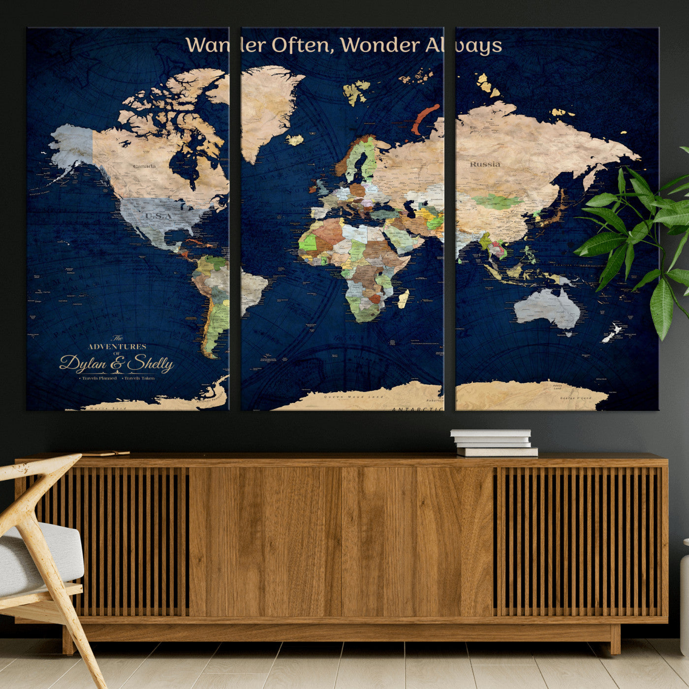 Rehber01-MGV-CV-36X24-Personalized World Map Canvas – Custom Framed Push Pin Travel Map Wall Art, Navy Blue Vintage Gift for Couples and Adventurers