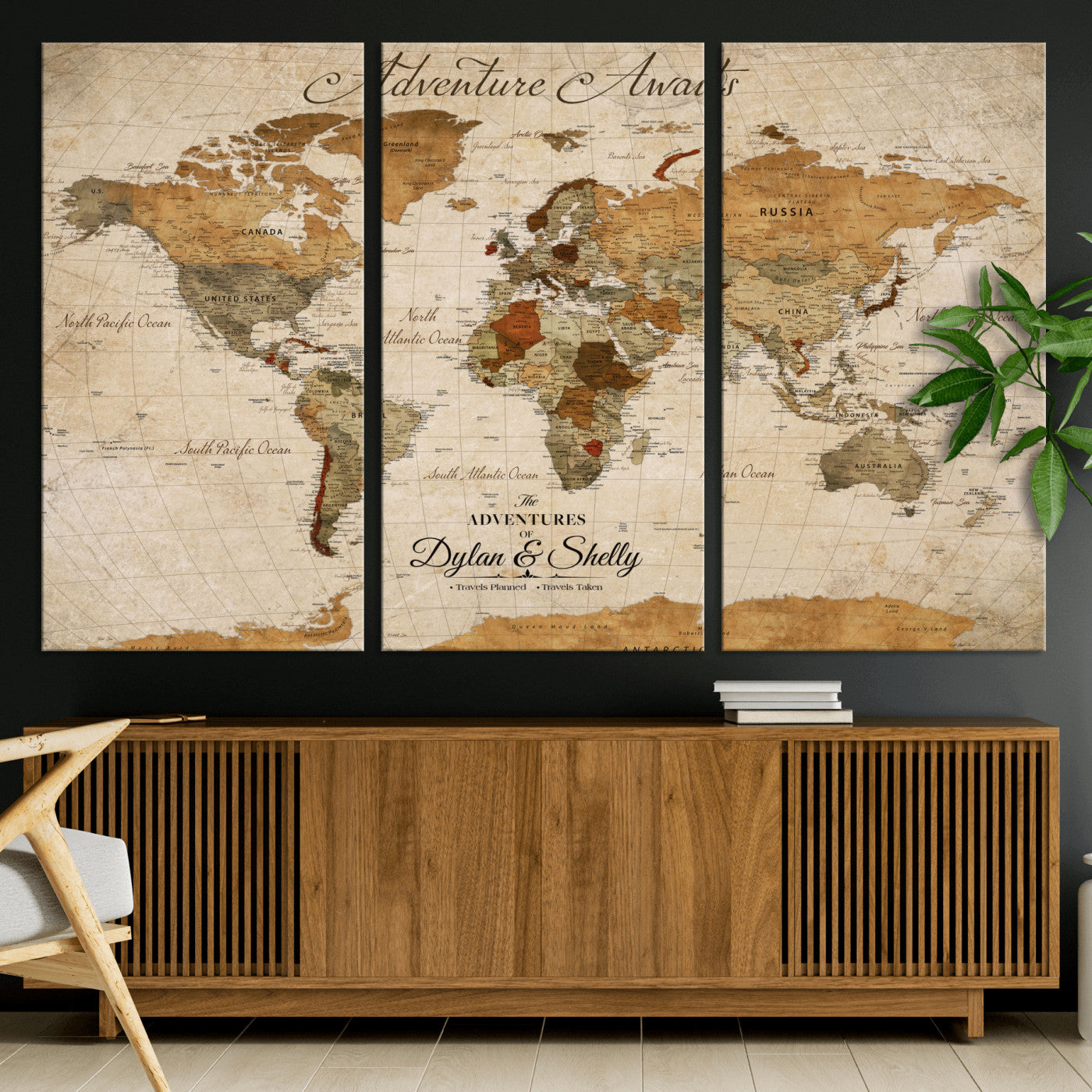 -Personalized Push Pin World Map Canvas Print – Custom Adventure Travel Map, Framed Wall Art Gift for Couples or Family