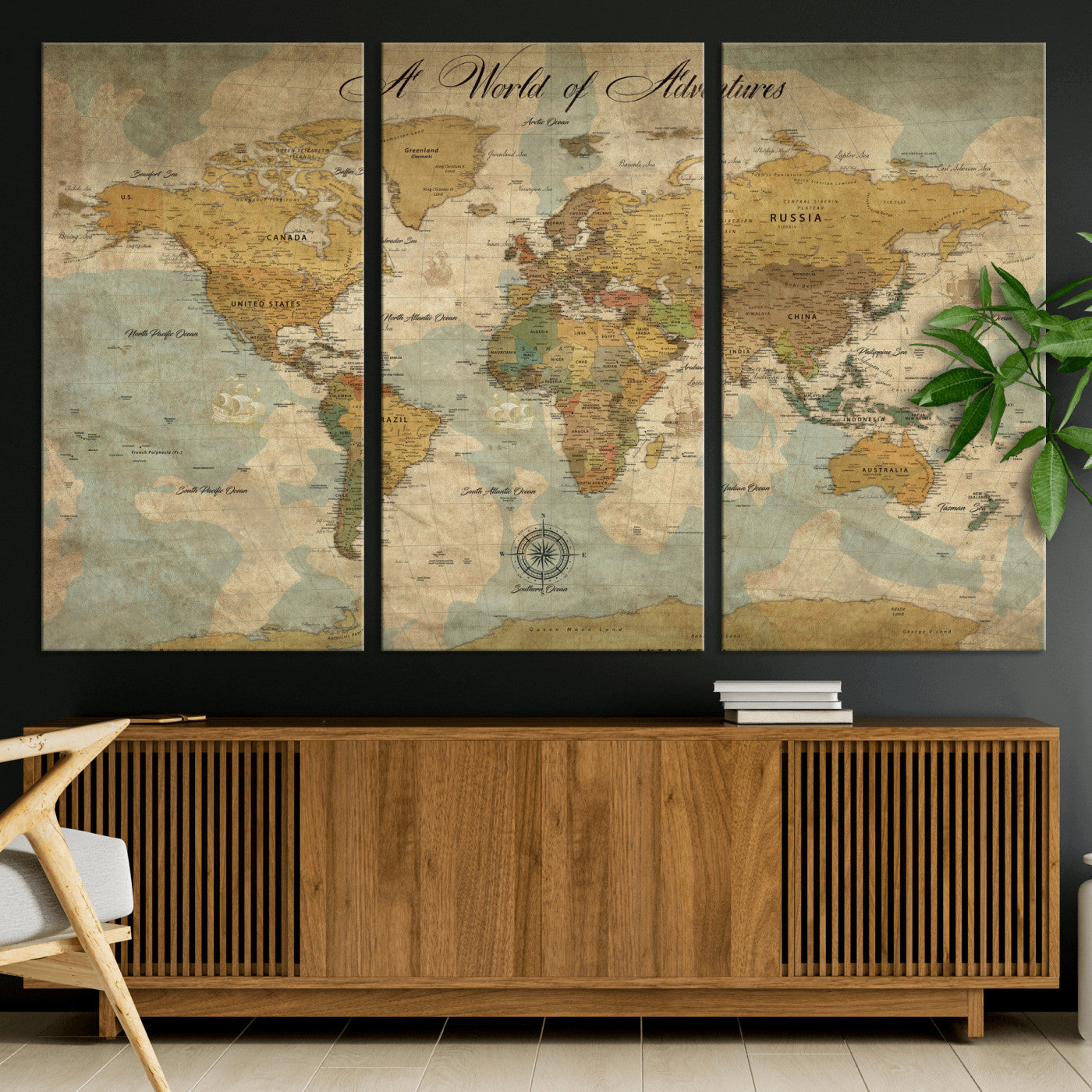 Rehber01-MGV-CV-36X24-Personalized World Map Canvas – Custom Framed Push Pin Travel Map Wall Art, Vintage Style Gift for Couples or Families