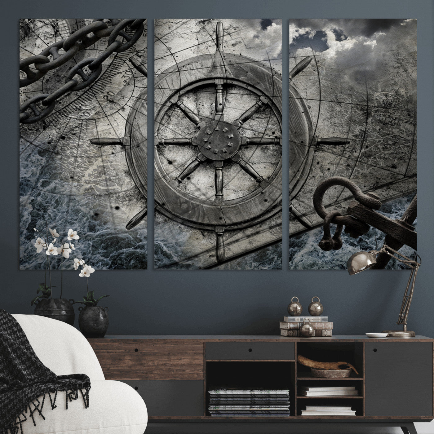 -Ship Steering Wheel Vintage Wall Art Canvas Print