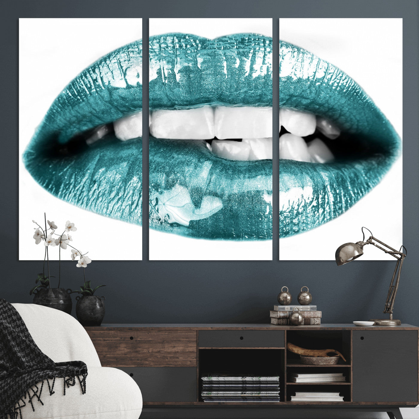 -Blue Lips Wall Art Canvas Print