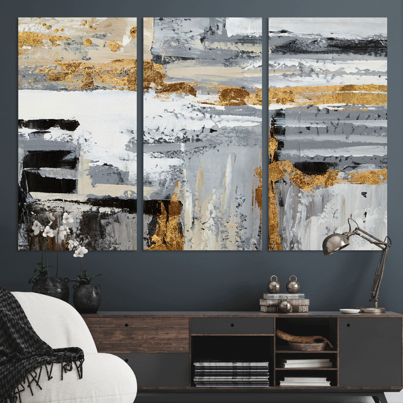 43177-MGV-CV-36X24-Abstract Painting Canvas Wall Art Print Paint Drip Art Brush Strokes Gray Artwork